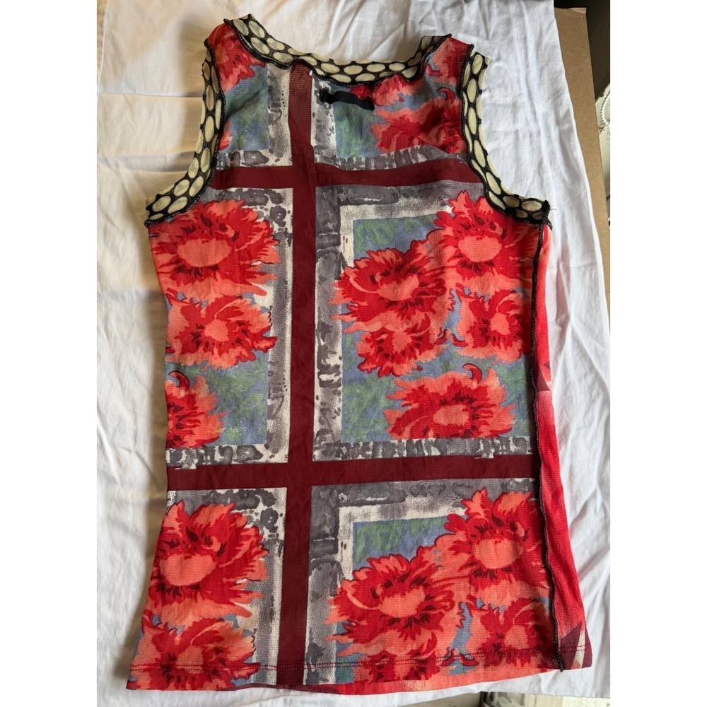Marc Aurel Y2K Mesh Tank Top Size 36 Small Red Abstract Floral Scalloped Tirm - Picture 3 of 7